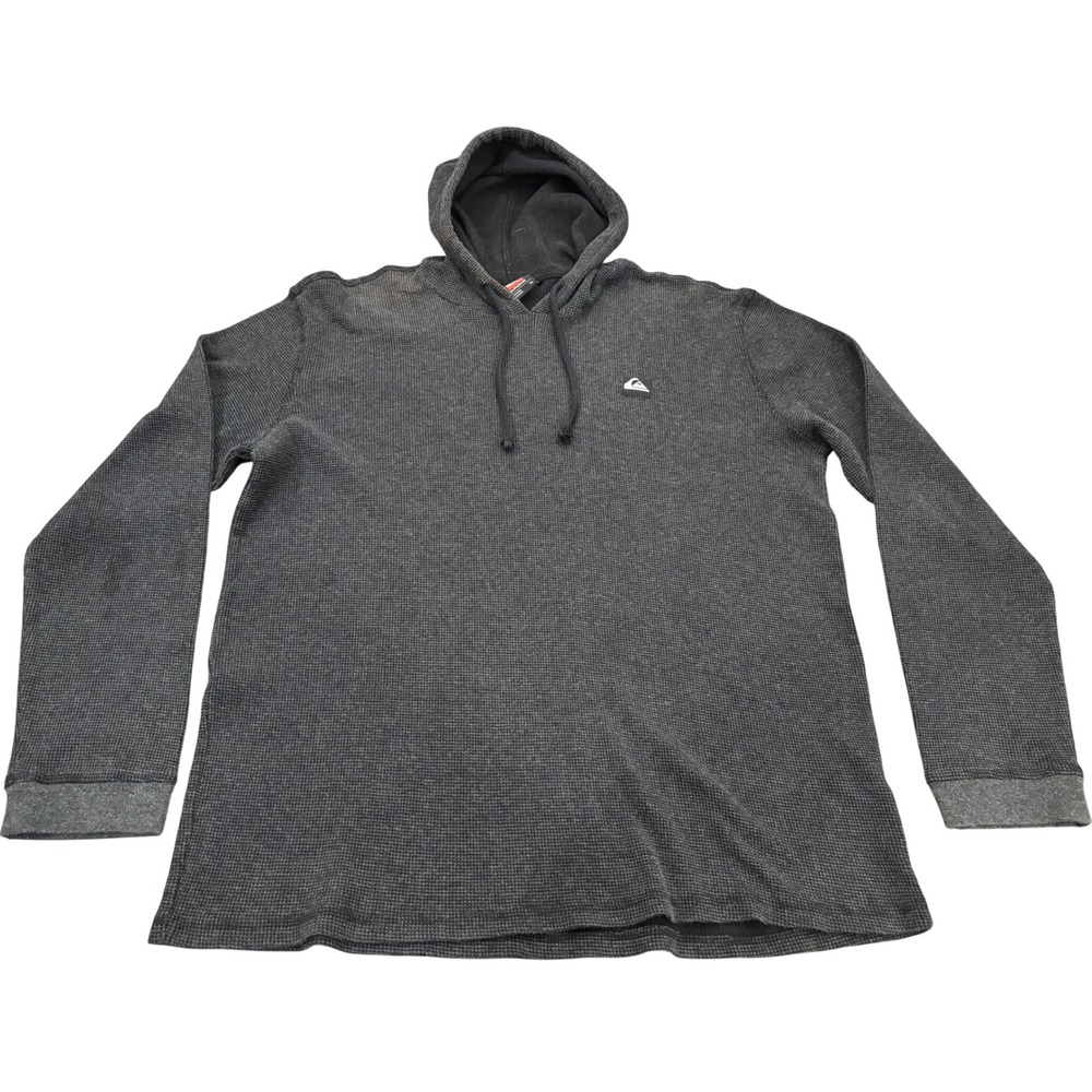 Quiksilver Mens XL Waffle Knit Hoodie Charcoal Gray Thermal Long Sleeve Pullover